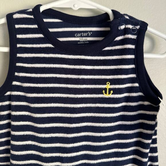 NWT Carter’s Baby Boy size 18 Month French Terry Striped Nautical Blue Romper - Picture 2 of 5